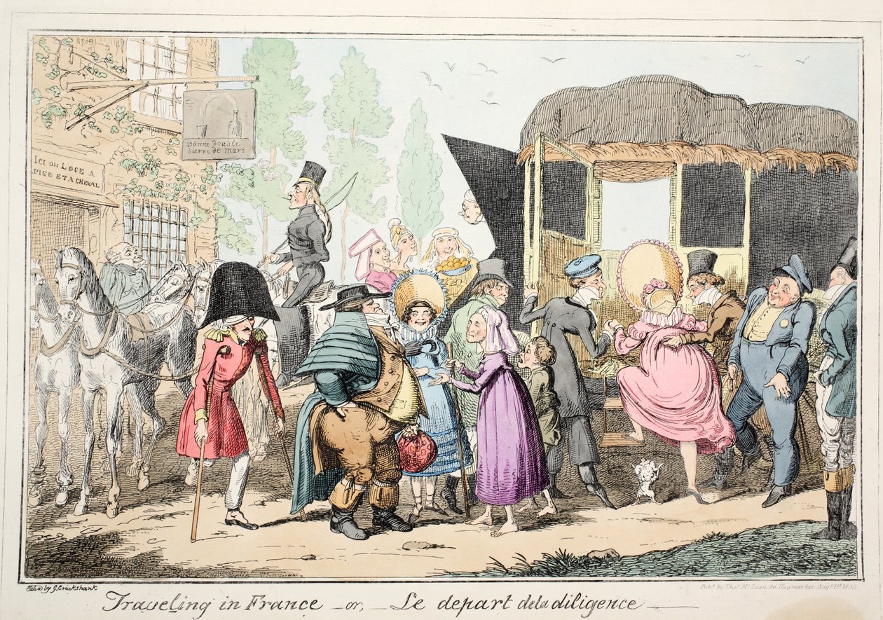 Cestování po Francii nebo Le Depart de la Diligence, hospoda. 1835 (ručně kolorovaný lept) od George Cruikshank