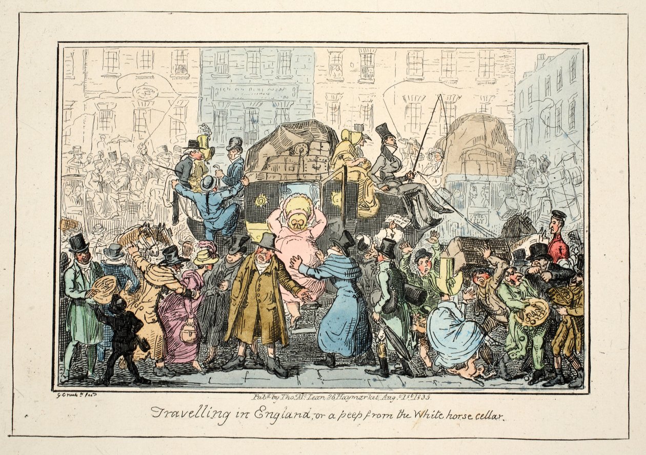 Cestování po Anglii - aneb Peep from the White Horse Cellar, pub. 1835 (ručně kolorovaná rytina) od George Cruikshank