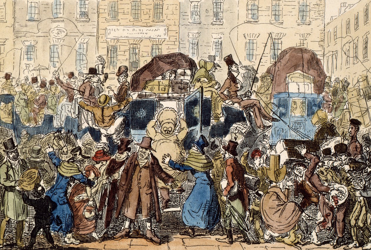 Cestování po Anglii aneb pohled ze sklepa u bílého koně, 1819 (ručně kolorovaný lept) od George Cruikshank