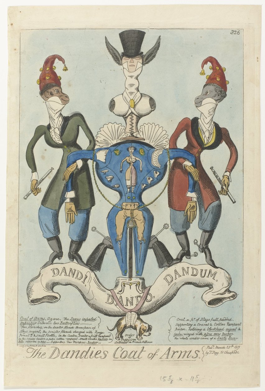 Dvě oblečené opice drží zbraň ve tvaru manekýna The Dandies Coat of Arms (název na předmětu) od George Cruikshank