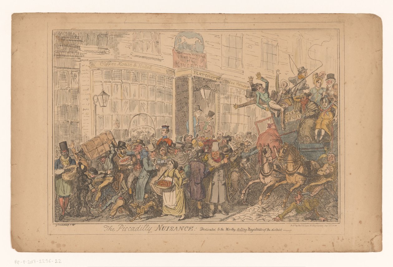 Verkeerschaos buiten hotel Old White Horse Cellar na Piccadilly Piccadilly Nuisance! Věnováno hodným, jednajícím magistrátům okresu (titul na předmětu) od George Cruikshank