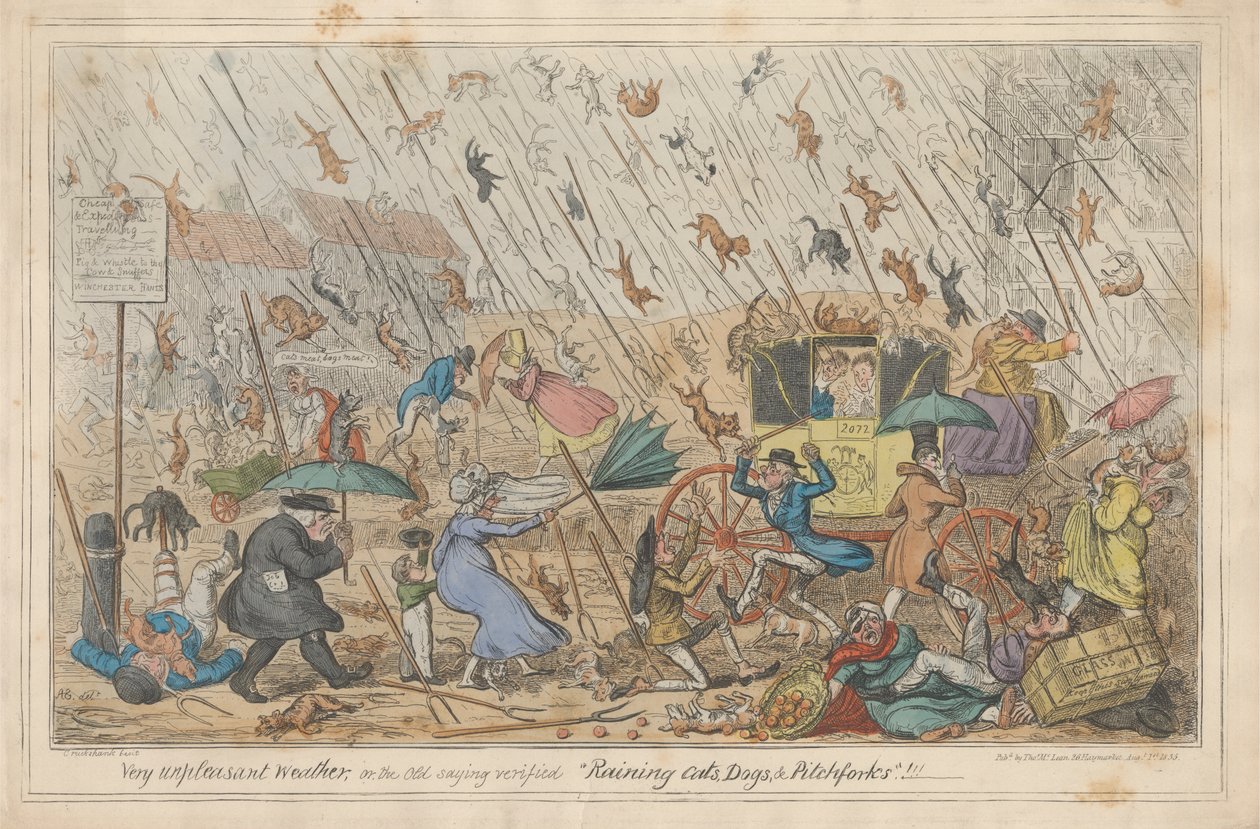 Velmi nepříjemné počasí, aneb staré rčení ověřené "Prší kočky, psi a vidle."!!! od George Cruikshank