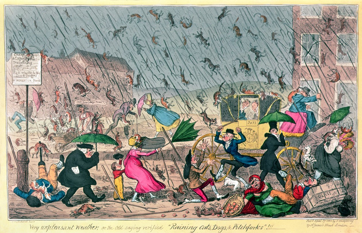 Velmi nevlídné počasí aneb starým rčením ověřeno Prší kočky, psi a vidle!, hospoda. od G. Humphreyho, 1820 od George Cruikshank