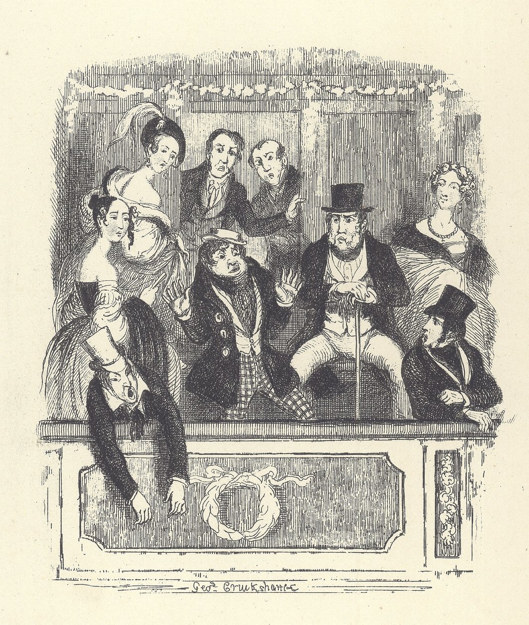 Viktoriánští diváci se shromažďují v lóži londýnského divadla (rytina) od George Cruikshank