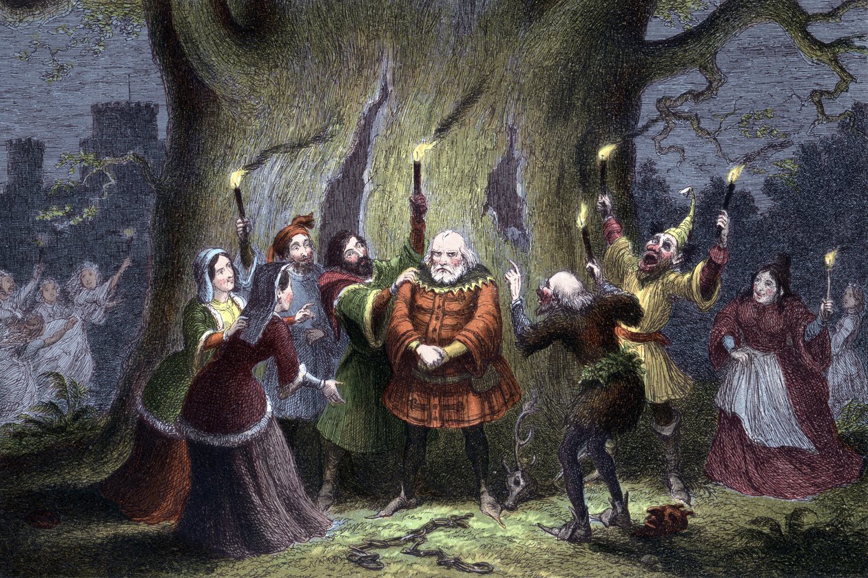 William Shakespeare Veselé paničky z Windsoru, hra poprvé uvedena v roce 1597 nebo 1600. Falstaff poté, co dodržel svůj údajný úkol u paní Fordové ve Windsorském lese jako Herne the Hunter a byl štípnut a udeřen 