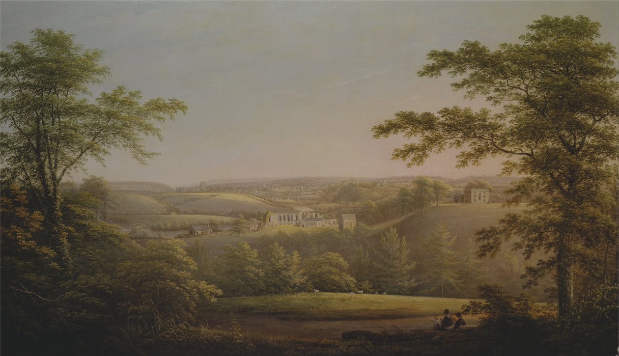 Easby Hall a Easby Abbey s Richmondem v Yorkshiru v pozadí od George Cuitt