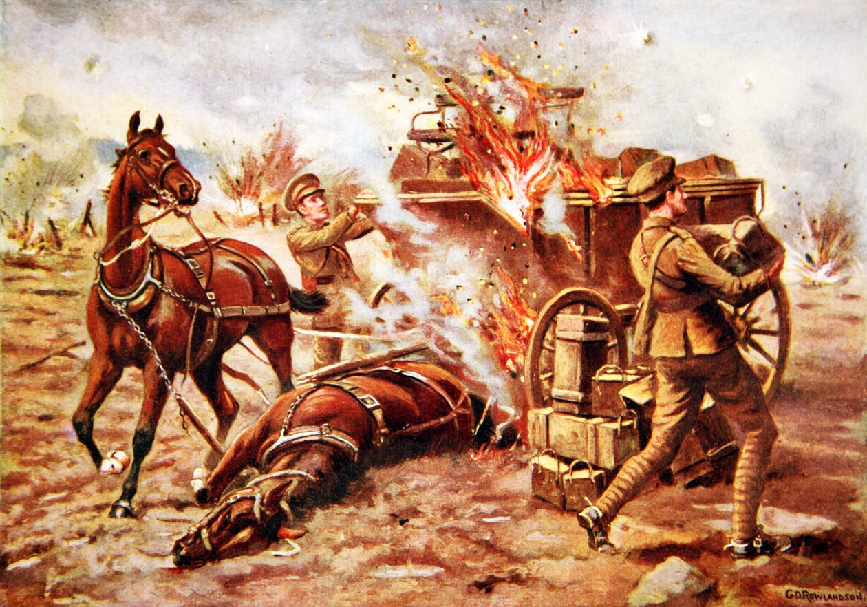 Herec-Bombardier H.A. Creasey pomáhá vykládat hořící muniční vůz pod velmi silnou palbou granátů od George Derville Rowlandson