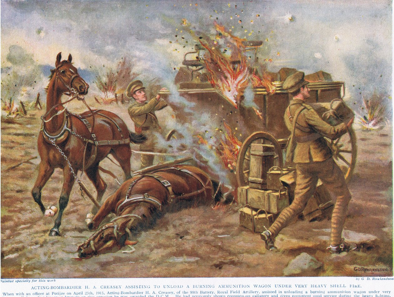 Herec-Bombardier H.A. Creasey pomáhá vykládat hořící muniční vůz pod velmi silnou palbou granátů, ilustrace z 