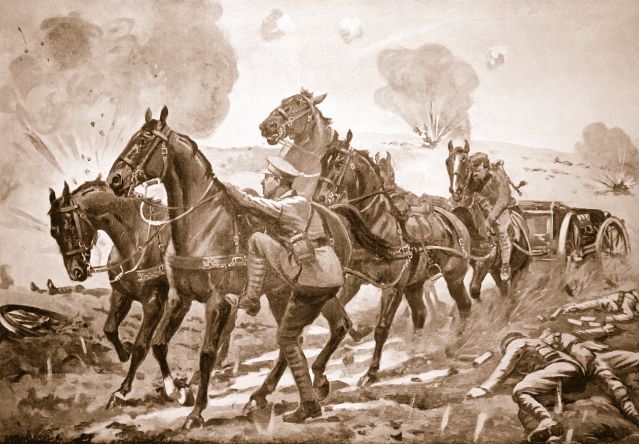 Lance-desátník Holmes přebírá místo zraněného řidiče a pomáhá při vyřazení zbraně z boje pod silnou palbou od George Derville Rowlandson