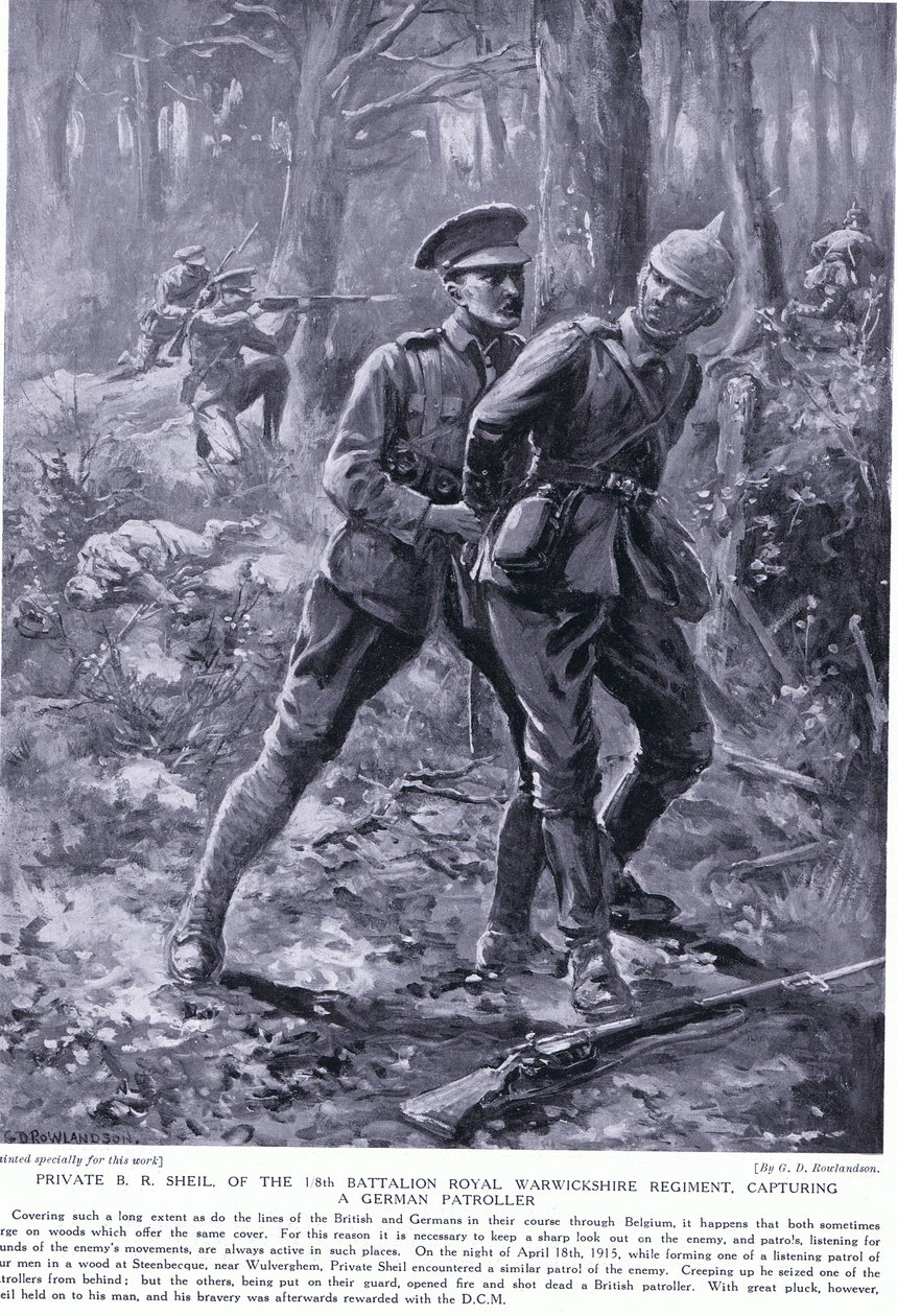 Vojín BR Shiel vyznamenal DCM za dopadení německého patroláře v Belgii v dubnu 1915 od George Derville Rowlandson