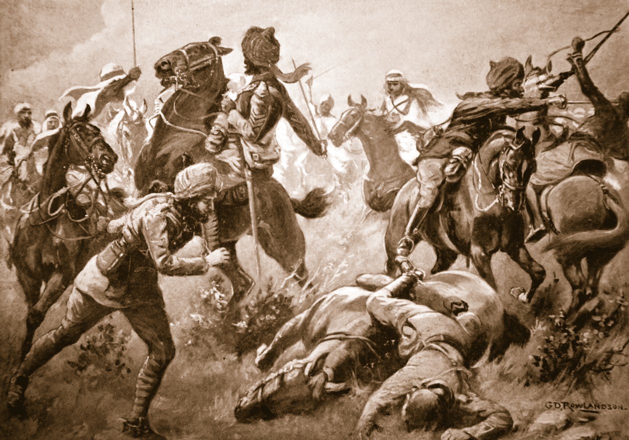 Risaldar Santa Singh, Dafadar Bisham Singh a Sowar Buda Singh prorazili řady Arabů za pomoci kapitána Willoughbyho od George Derville Rowlandson