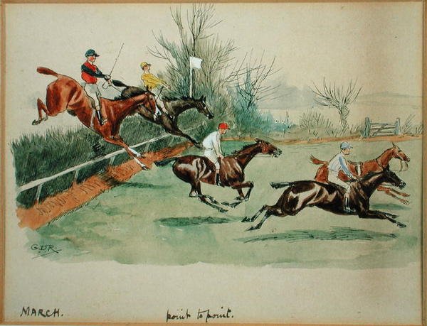 Měsíc březen: Point to Point (pero, inkoust a akvarel na papíře) od George Derville Rowlandson