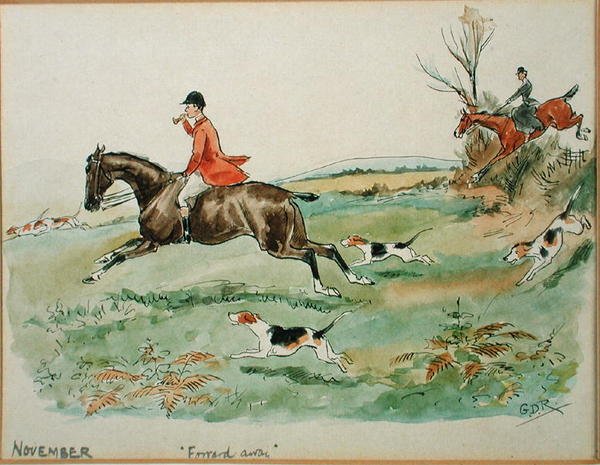 Měsíc listopad: Lov (pero, inkoust a akvarel na papíře) od George Derville Rowlandson