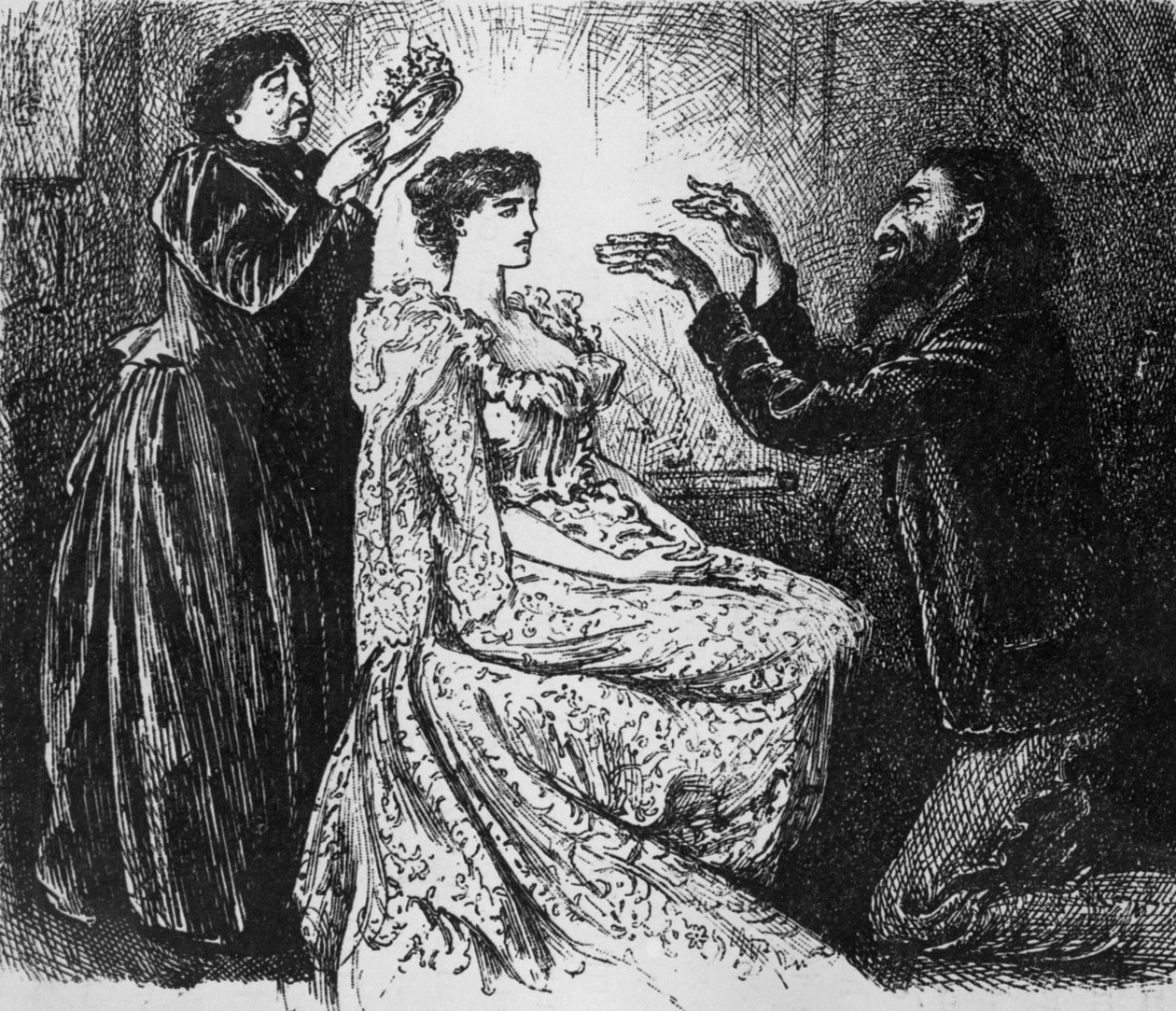 Hypnotizování Trilbyho Svengalim, ilustrace z knihy "Trilby" od George du Mauriera od George Du Maurier