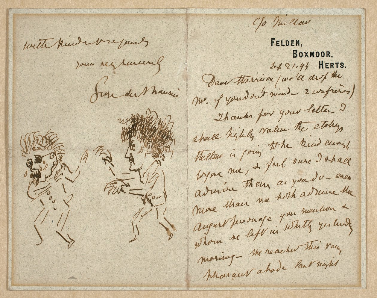 Dopis s kresbou Whistlera hrozivého du Mauriera od George du Maurier