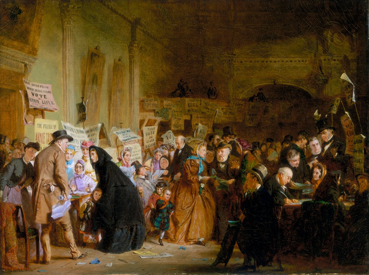 „Volby kojeneckého sirotka v London Tavern. „Dotazování“, 1865 od George Elgar Hicks
