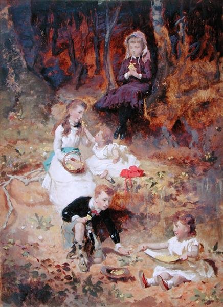 Pět dětí hrajících si v lese (olej na kartě) od George Elgar Hicks
