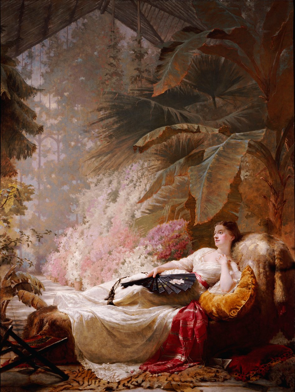 Portrét Adelaide Marie Guinnessové, ležící na pohovce v konzervatoři, 1885 od George Elgar Hicks