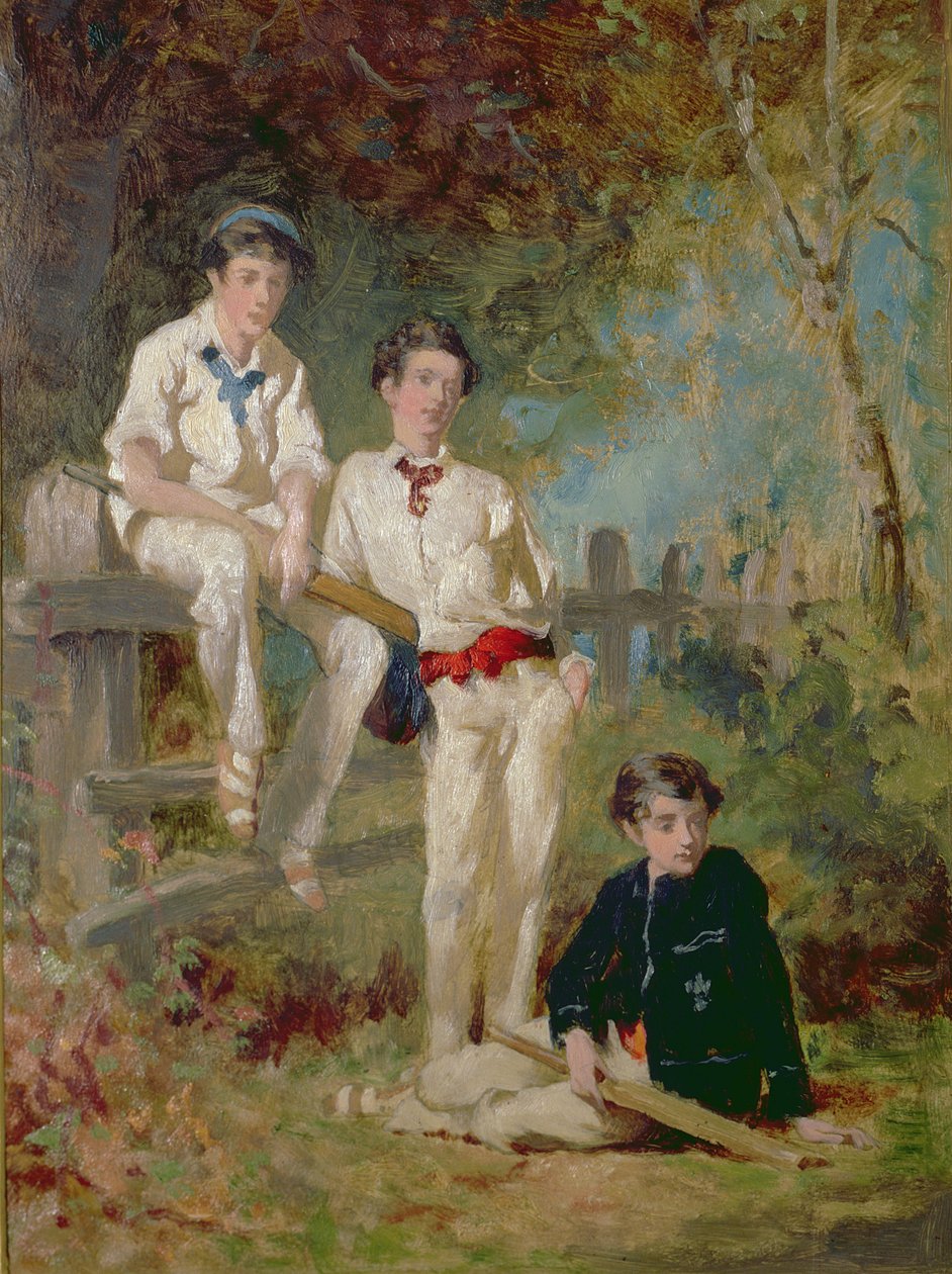 Tři mladí hráči kriketu, kolem roku 1883 (olej na kartě) od George Elgar Hicks