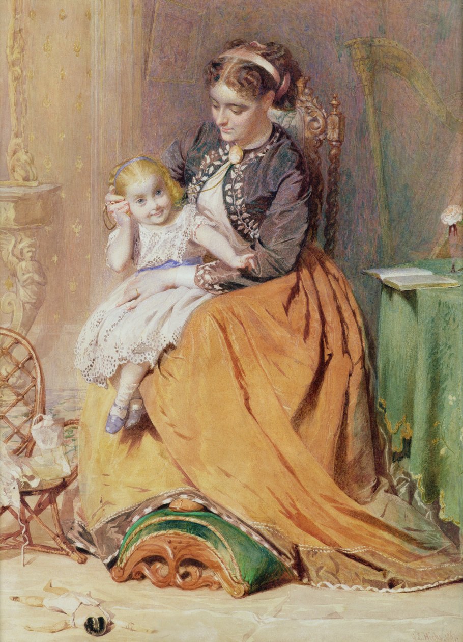 Tick, Tick, Tick - dívka sedící na klíně své matky a poslouchající tikající zlaté hodinky, 1867 od George Elgar Hicks