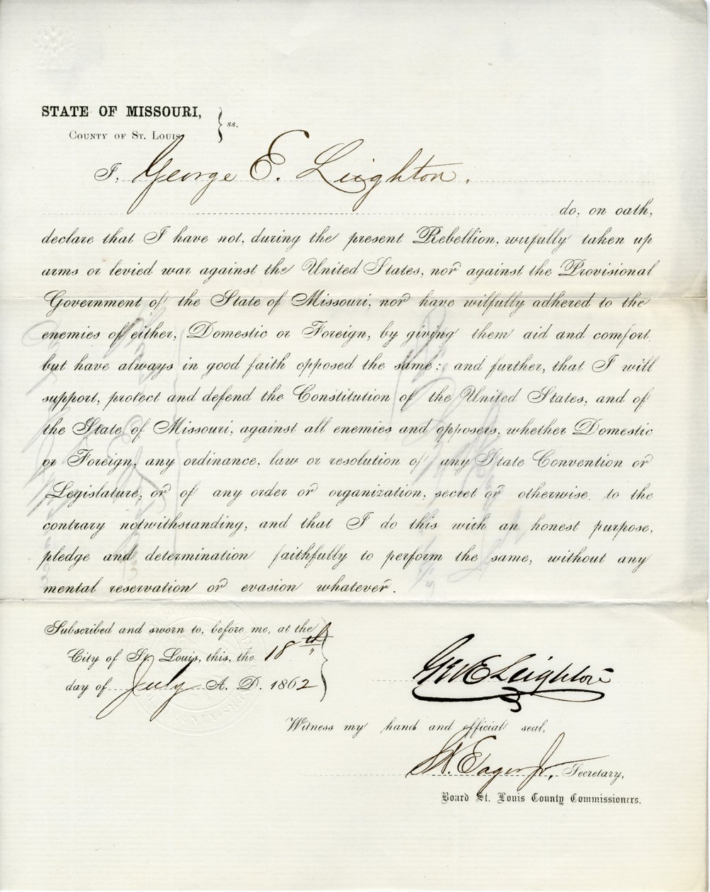 Věrnostní přísaha George E. Leightona z Missouri, hrabství St. Louis od George Eliot Leighton