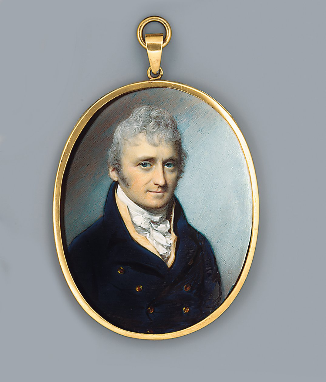Pan Uthoff, v modrém kabátě se zlatými knoflíky, žlutohnědá vesta a kravata s uzly, napudrované vlnité vlasy, 1805 od George Engleheart