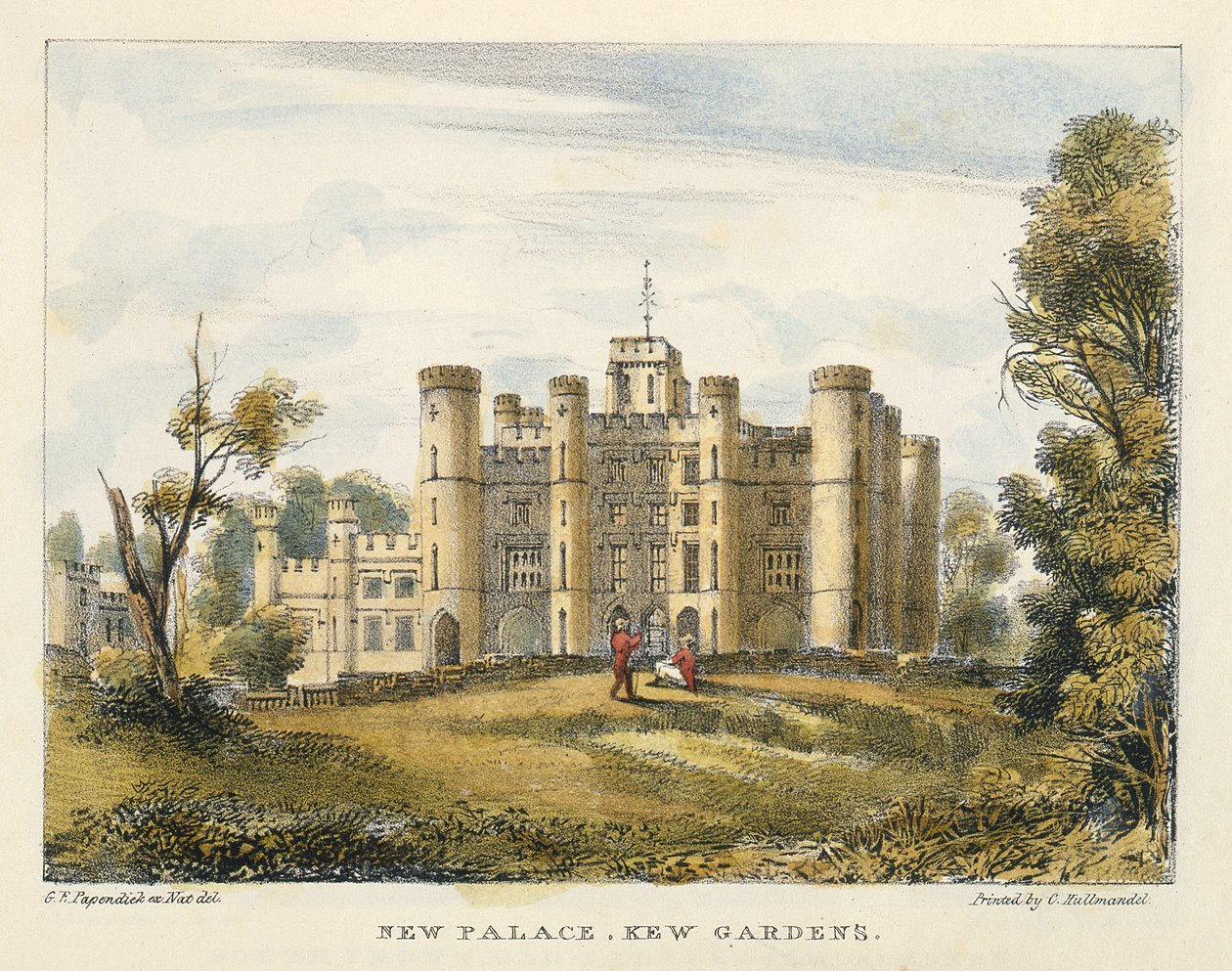 Nový palác, Kew Gardens, deska 1 z Kew Gardens: Série 24 kreseb na kameni, vyryto Charlesem Hullmandlem (1789-1850) vydáno 1820 (ručně kolorované lito) od George Ernest after Papendiek