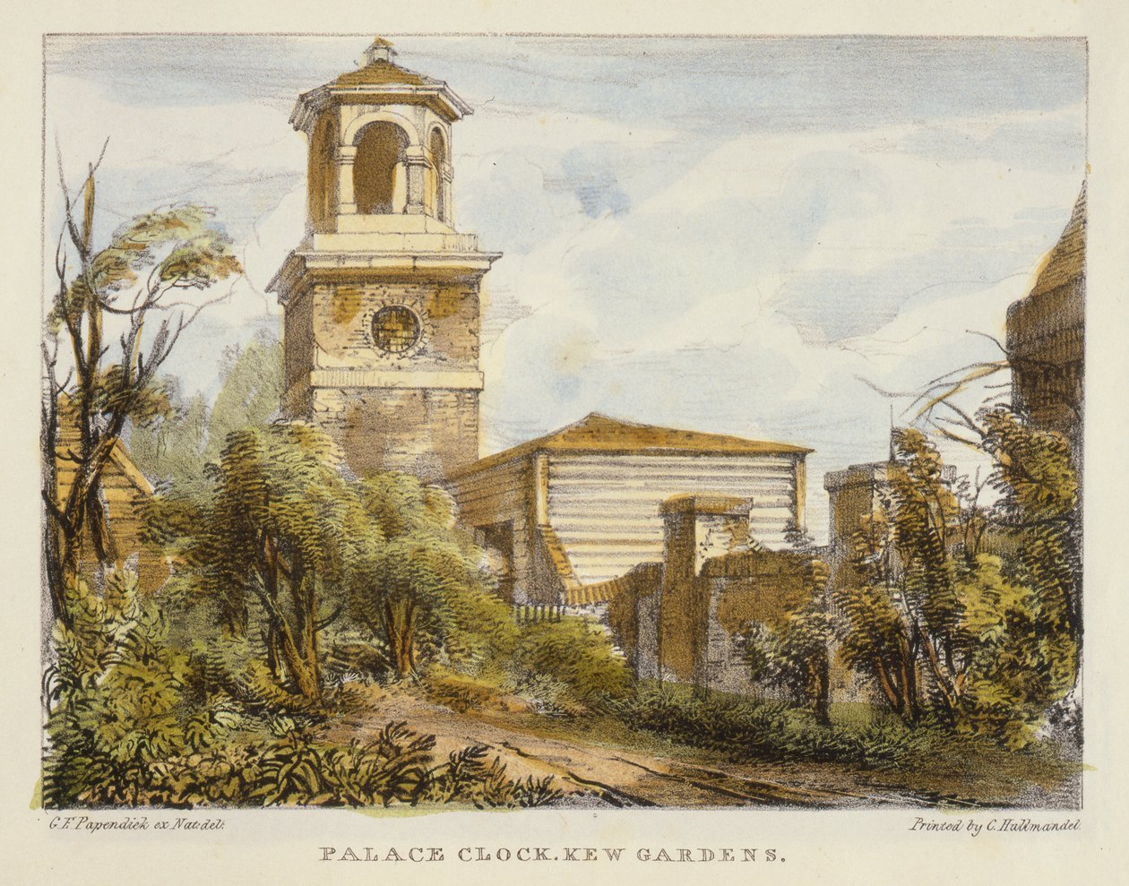 Palácové hodiny, Kew Gardens, deska 7 z Kew Gardens: Série 24 kreseb na kameni, vyryto Charlesem Hullmandlem (1789-1850) vydáno 1820 (ručně kolorované lito) od George Ernest after Papendiek