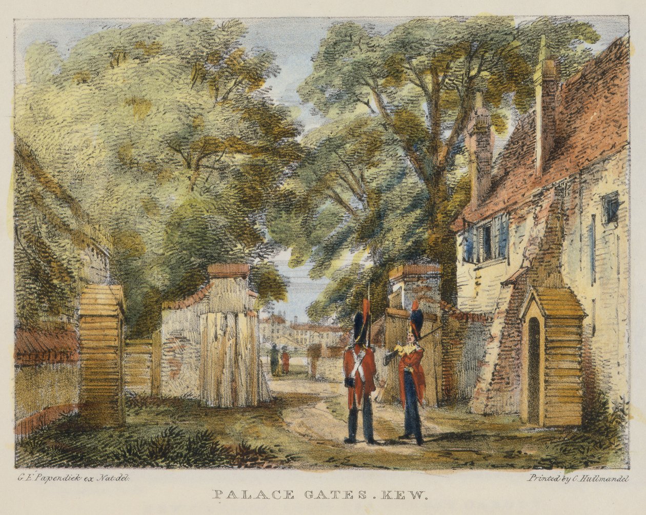 Palace Gates, Kew, deska 3 z Kew Gardens: Série dvaceti čtyř kreseb na kameni, vyryto Charlesem Hullmandlem (1789-1850), publikováno 1820 (ručně kolorované lito) od George Ernest after Papendiek