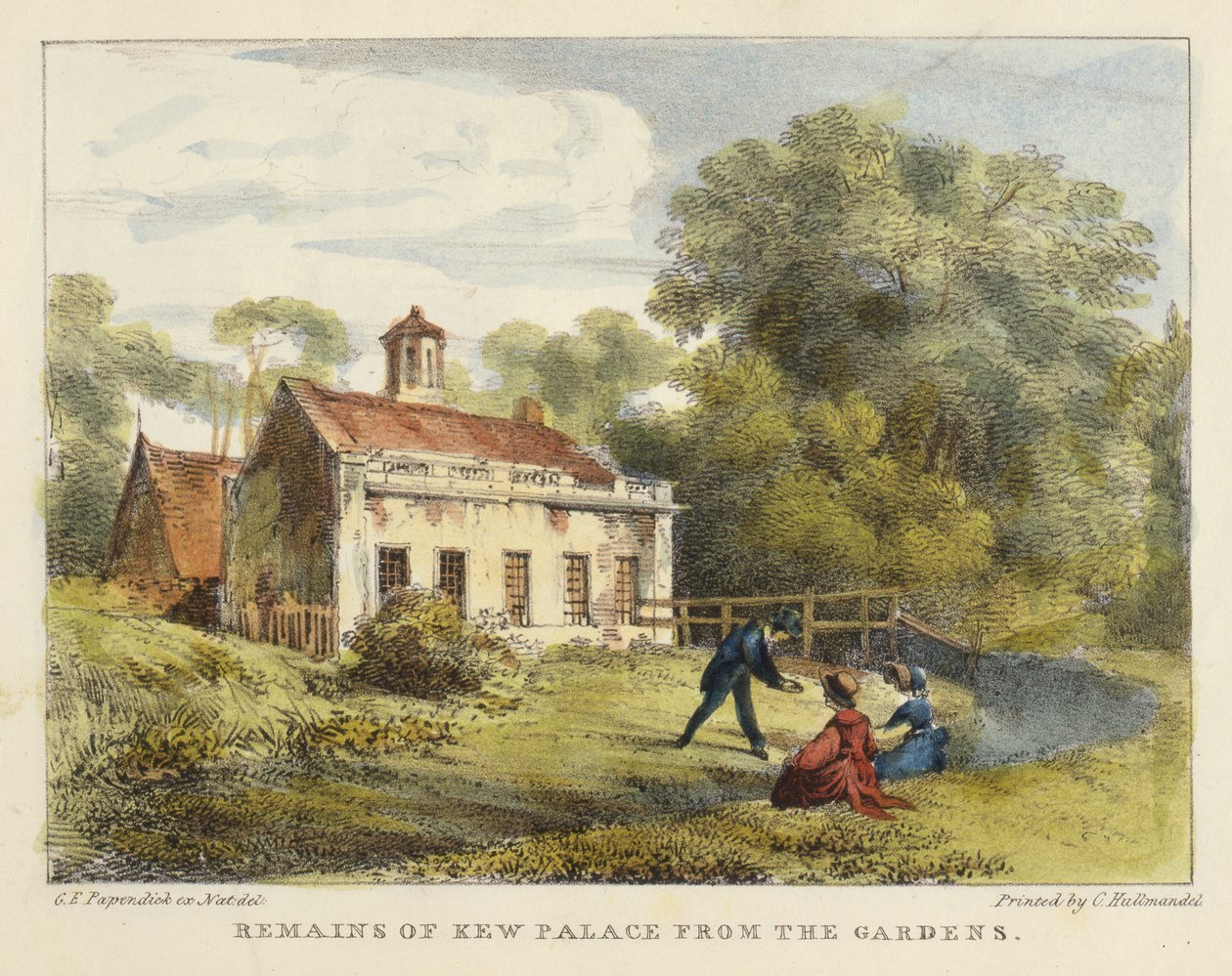 Pozůstatky paláce Kew ze zahrad, deska 6 z Kew Gardens: Řada dvaceti čtyř kreseb na kameni, vyryl Charles Hullmandel (1789-1850) vydáno 1820 (ručně kolorované lito) od George Ernest after Papendiek