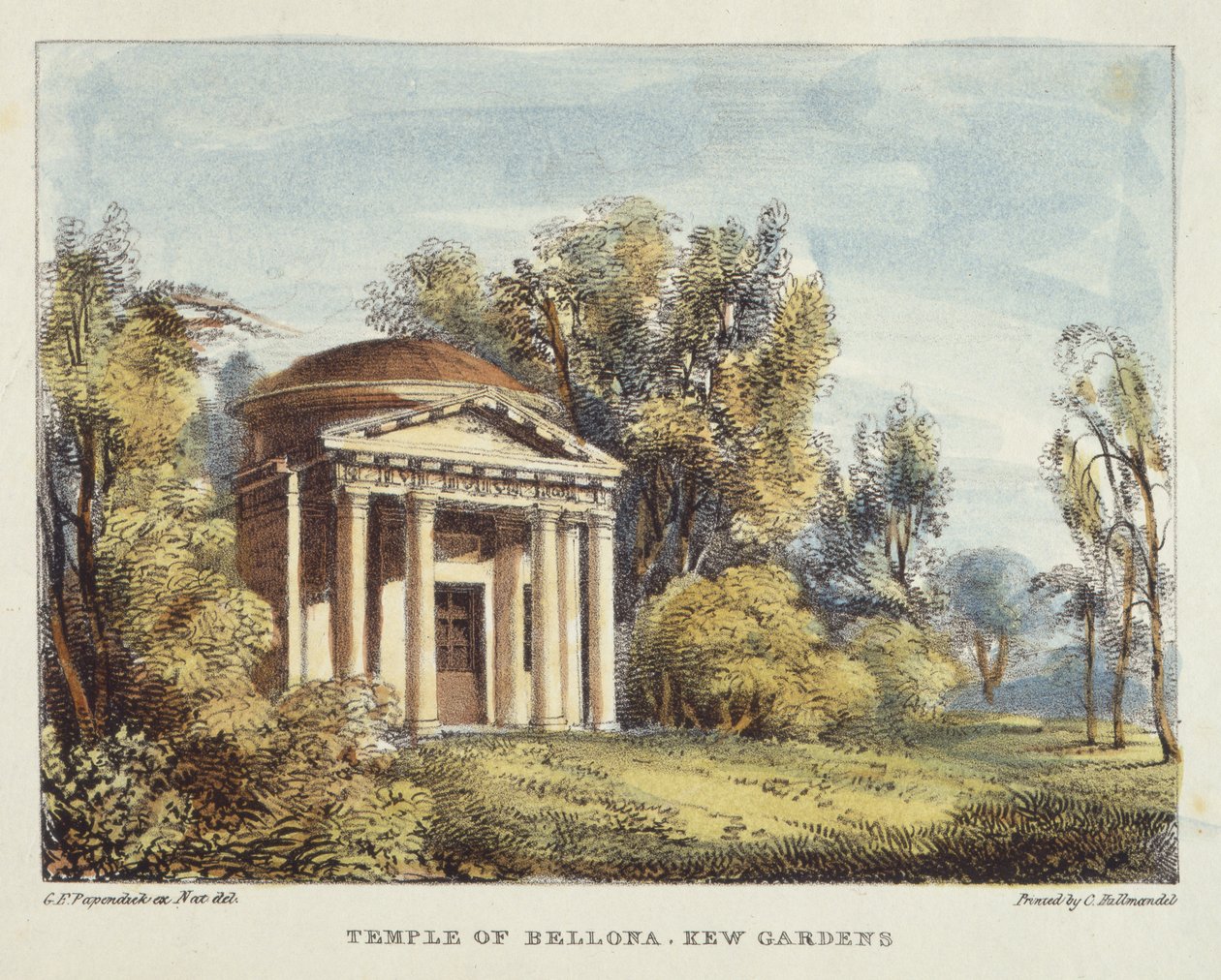 Temple of Bellona, Kew Gardens, deska 24 z Kew Gardens: Série 24 kreseb na kameni, rytý Charles Hullmandel (1789-1850) publikováno 1820 (ručně kolorované lito) od George Ernest after Papendiek