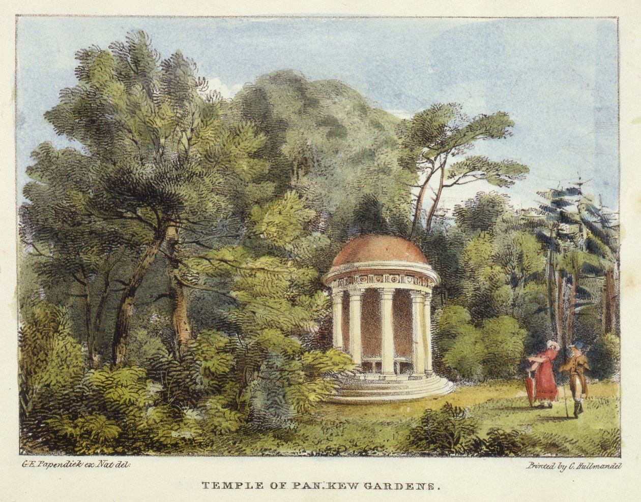 Temple of Pan, Kew Gardens, deska 12 z Kew Gardens: Série 24 kreseb na kameni, rytý Charles Hullmandel (1789-1850) publikováno 1820 (ručně kolorované lito) od George Ernest after Papendiek