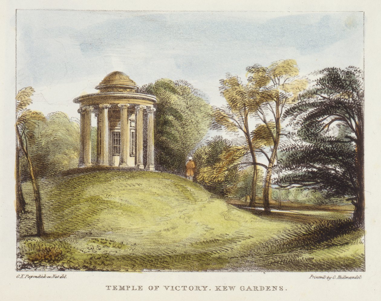 Temple of the Sun, Arboretum, Kew Gardens, deska 20 z Kew Gardens: Série dvaceti čtyř kreseb na kameni, vyryto Charlesem Hullmandlem (1789-1850) publikováno 1820 (ručně kolorované lito) od George Ernest after Papendiek