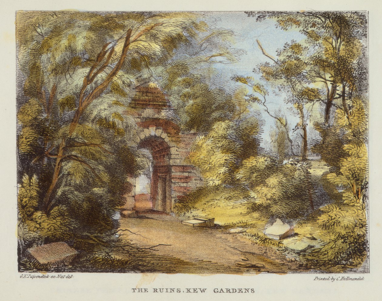 The Ruins, Kew Gardens, deska 15 z Kew Gardens: Série 24 kreseb na kameni, vyryto Charlesem Hullmandlem (1789-1850) publikováno 1820 (ručně kolorované lito) od George Ernest after Papendiek