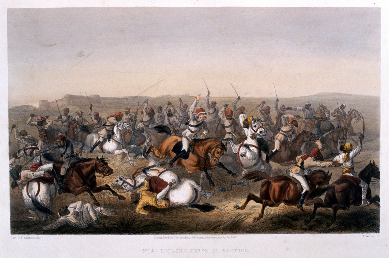 Hodsonův kůň v Rhotuck, z „Kampaně v Indii 1857-1858 z kreseb vytvořených během rušného období Velké vzpoury, ilustrující vojenské operace před Dillí a jeho sousedem od George Francklin Atkinson