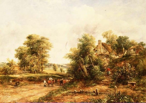 Letní krajina o večeru s honáky a dobytkem od George Frederic Watts