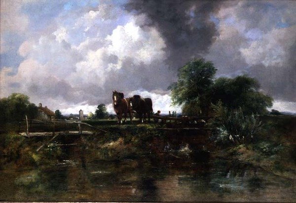 Krajina zalesněné řeky s koňmi pracujícími na zámku (olej na plátně) od George Frederic Watts