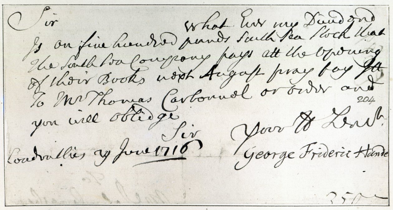 Händelův dopis z června 1716 od George Frederick Handel