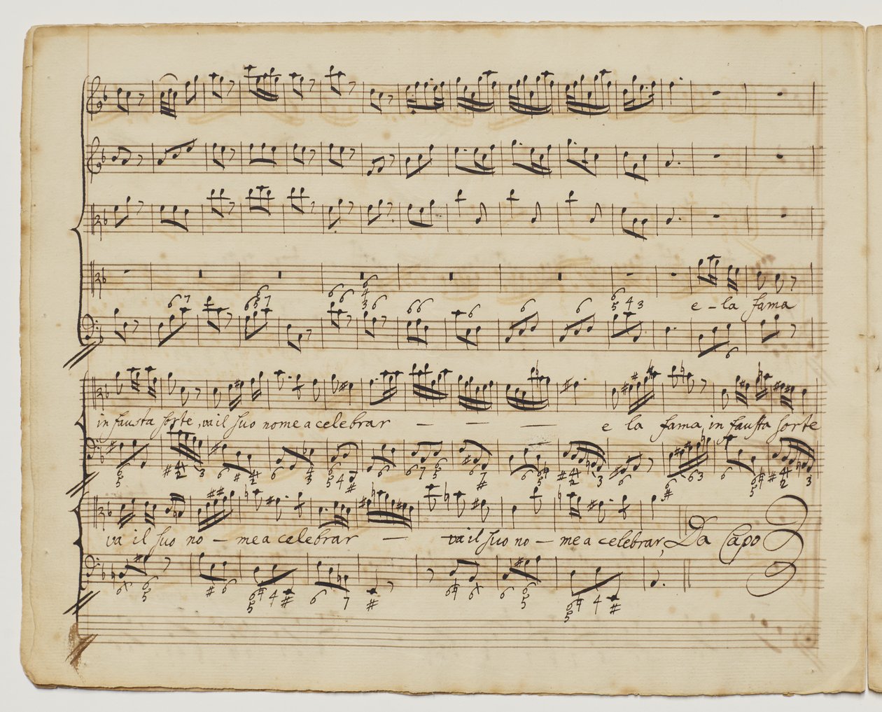Preggio è sol d"un alma forte, f.6v z "Aditionall [sic] songs for Rinaldo", kolem 1717 od George Frederick Handel