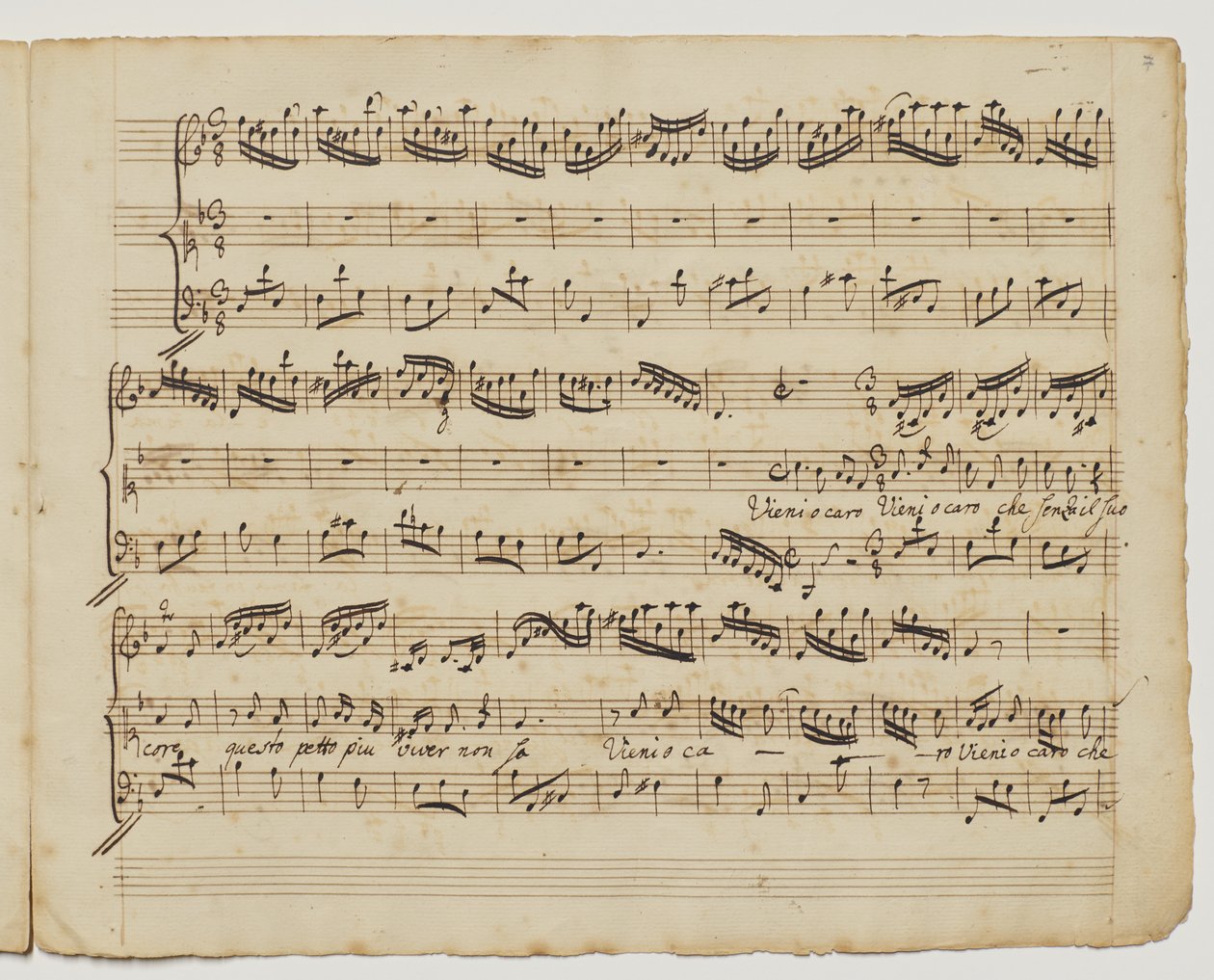 Vieni o caro che senza il suo core, f.7r z "Aditionall [sic] songs for Rinaldo", kolem 1717 od George Frederick Handel