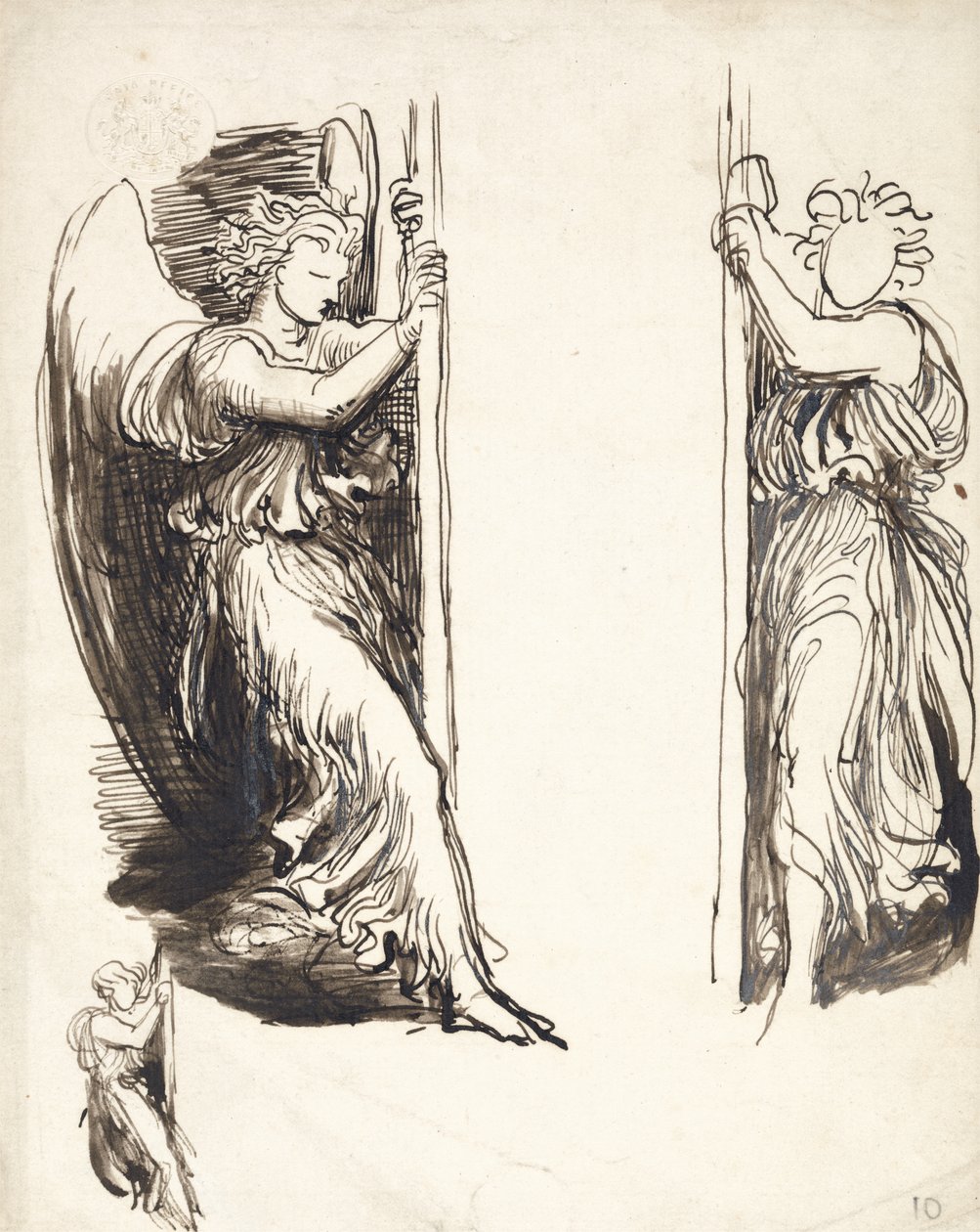 Studie pro anděly u soudu smrti (pero a hnědý inkoust přes grafit) od George Frederick Watts