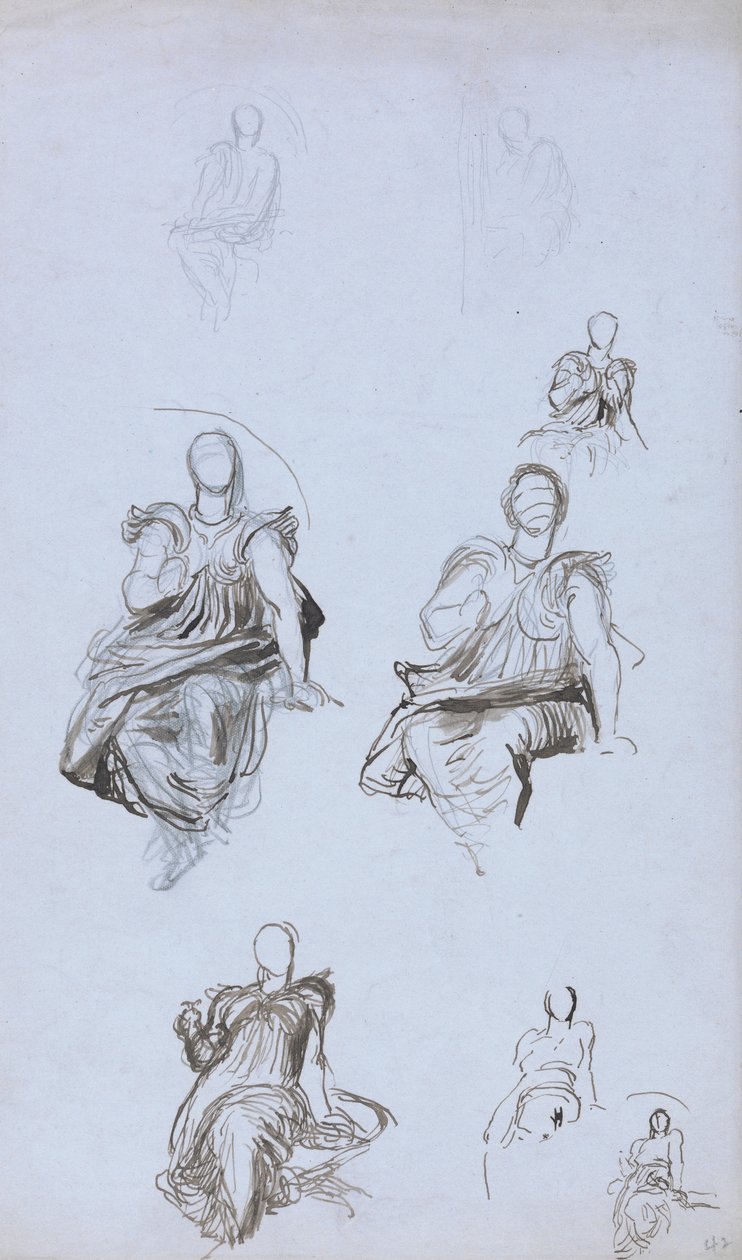 Studie sedící postavy s knihou (pero a hnědá tuš a grafit na modrém papíře) od George Frederick Watts