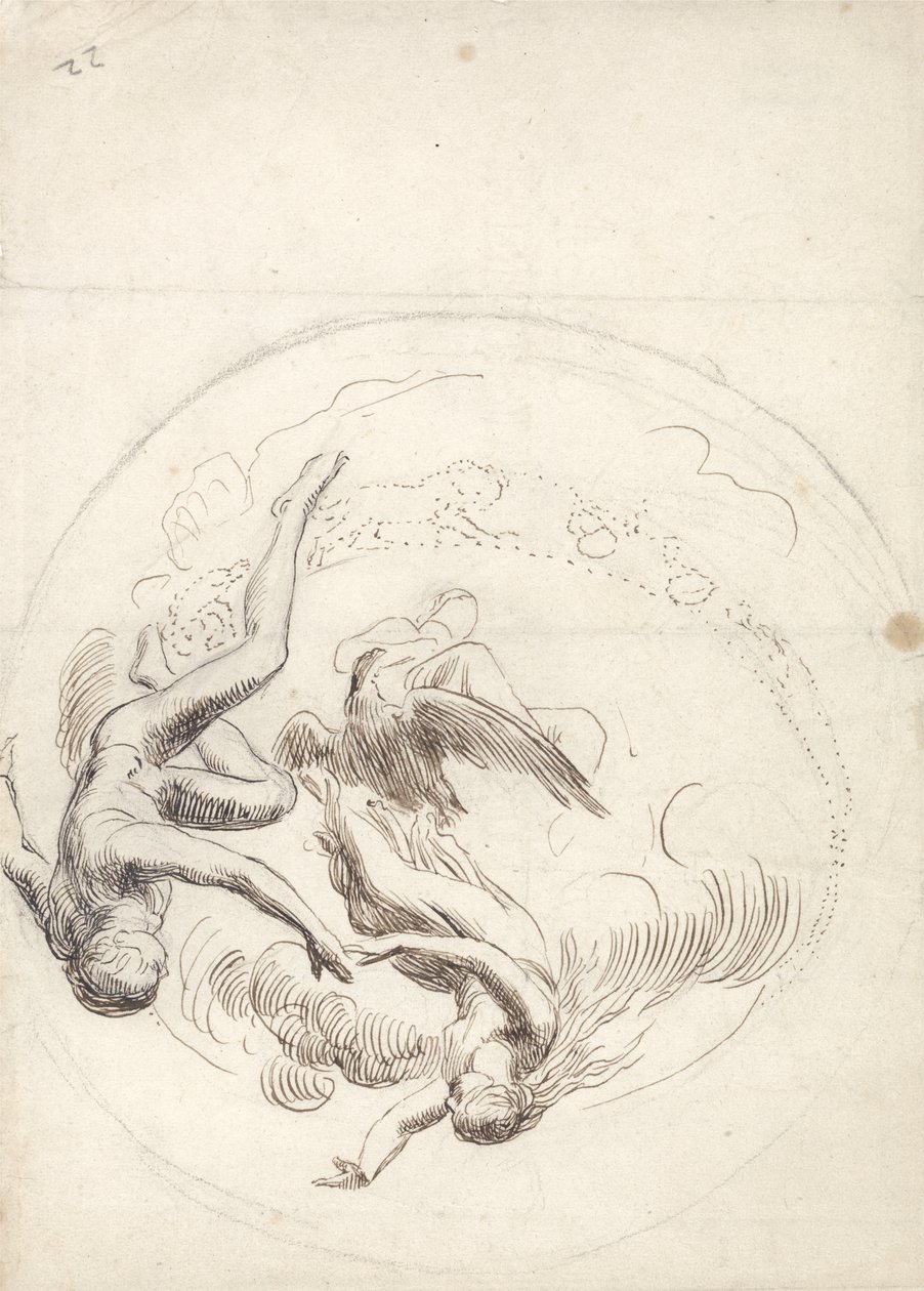 Studie kruhové stropní dekorace (pero a hnědá tuš, grafit) od George Frederick Watts