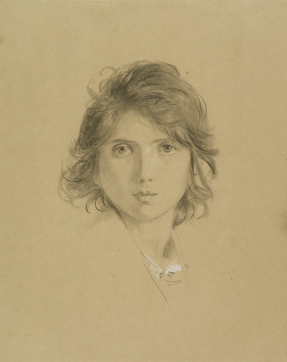 Studie na hlavu chlapce v Rolníci z Campagne během vinobraní, kolem roku 1860 (černá křída zvýrazněná bílou) od George Frederick Watts