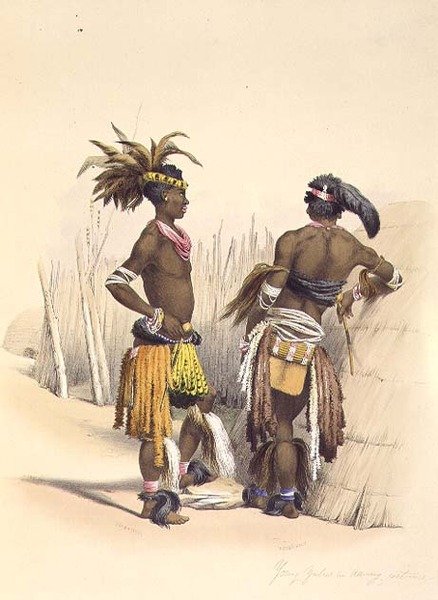 Umbambu a Umpengulu, mladí Zuluové v tanečním kostýmu, deska 15 z „The Kafirs Illustrated“ od George French (after) Angas