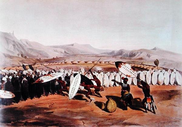 Umpanda Reviewing his Troops at Nonduengo, vyryl J. Needham, kolem roku 1849 (barevně lito) od George French (after) Angas