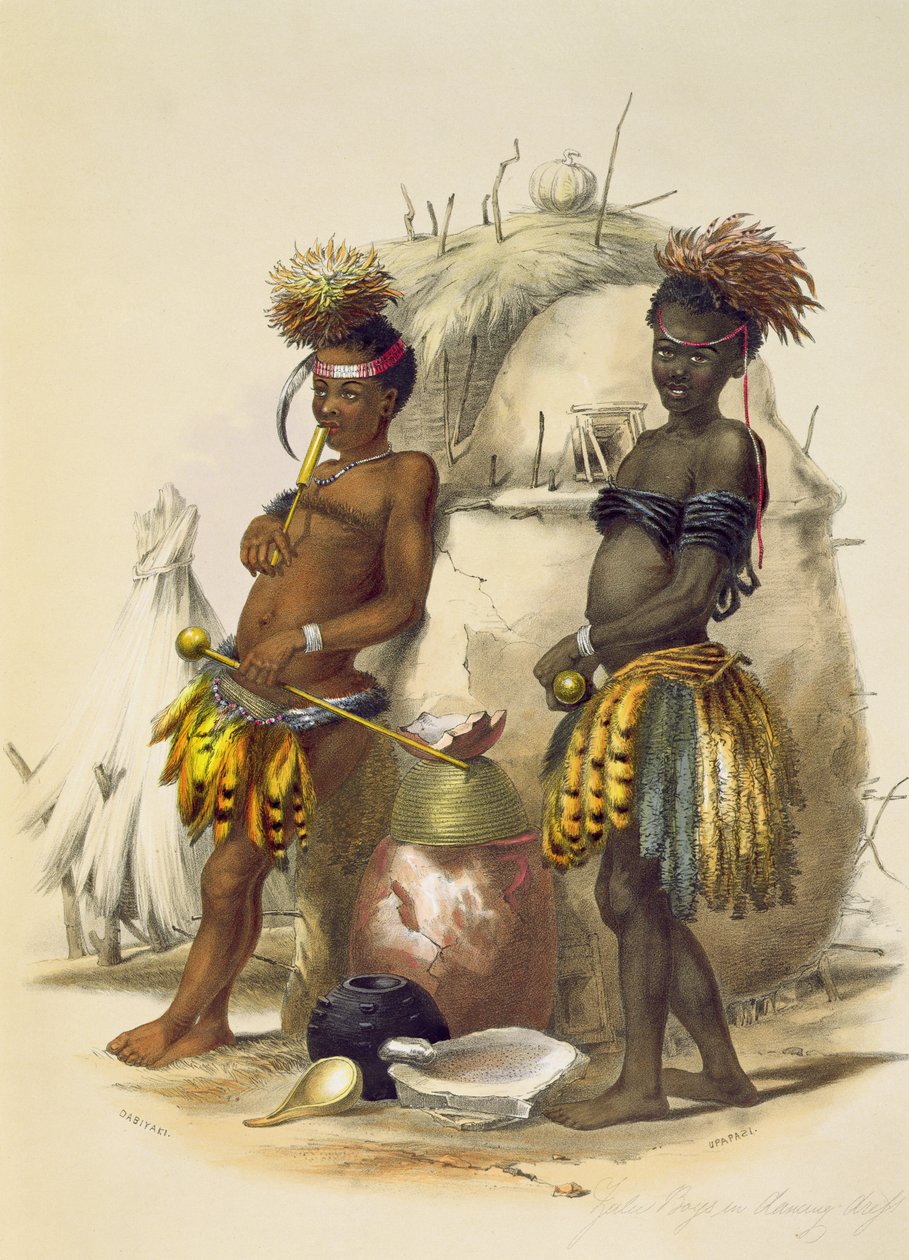 Dabiyaki a Upapazi, Zulu Boys in Dancing Dress, deska 17 z „The Kafirs Illustrated“, 1849 od George French Angas