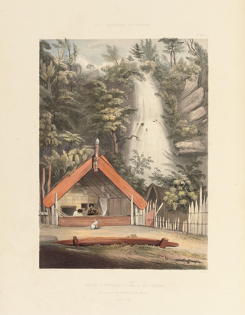 Dům Hiwikau, matky Heuneu a vodopádů Ko Waihi, v Te Rapa, deska 21 z „The New Zealanders Illustrated“, 1847 od George French Angas