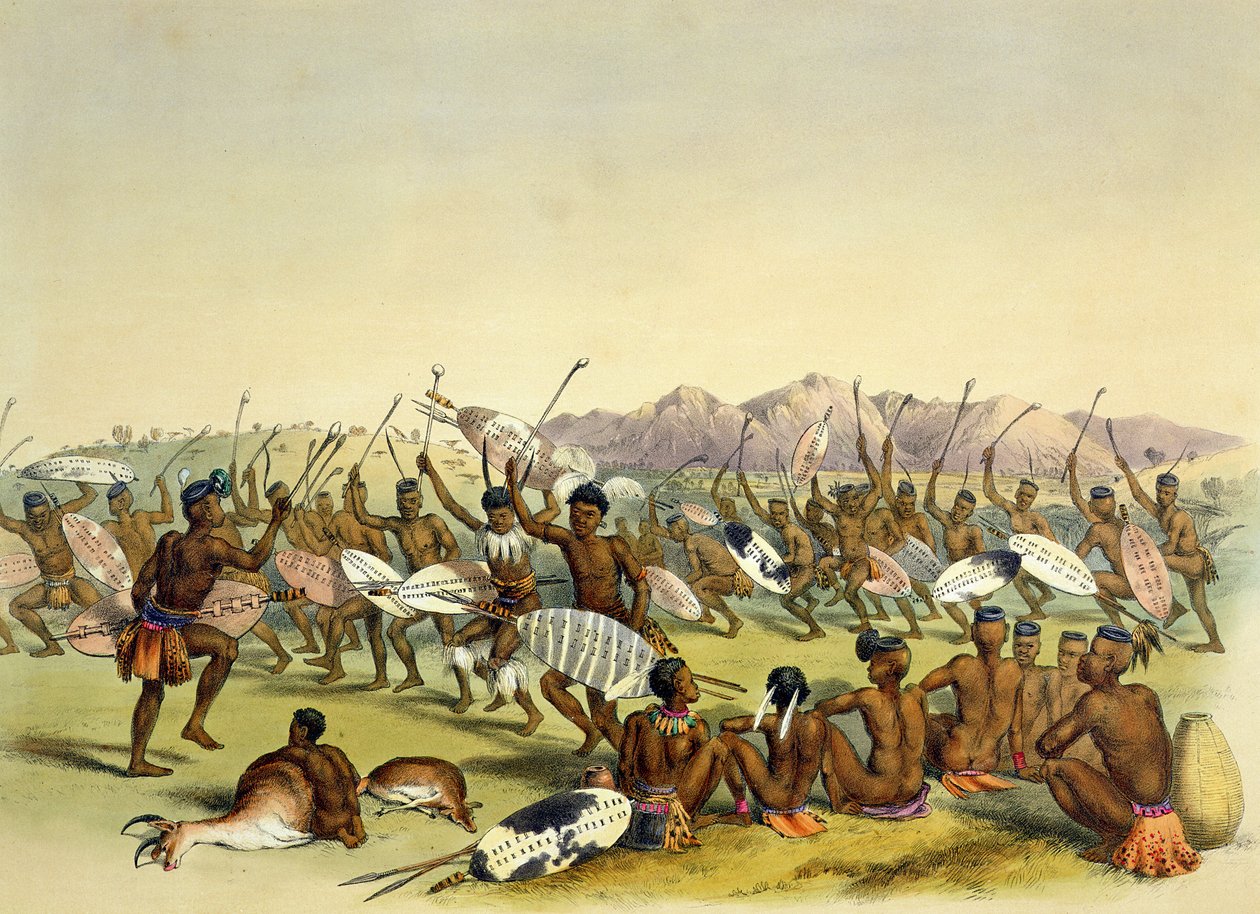 Zuluský lovecký tanec poblíž pohoří Engooi, deska 14 z „The Kafirs Illustrated“, 1849 od George French Angas