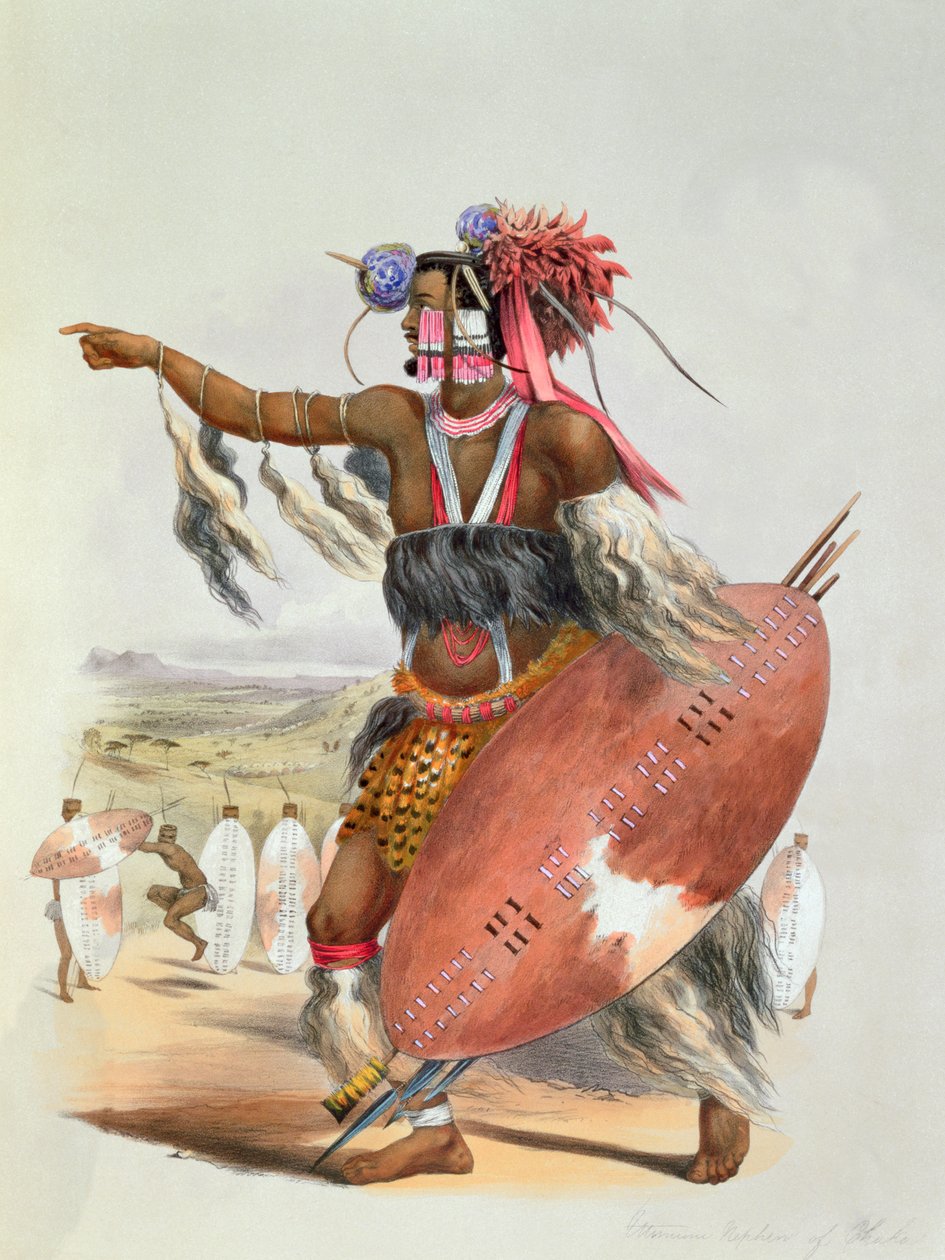 Zuluský válečník, Utimuni, synovec Chaka, zesnulého krále Zuluů, 1849 od George French Angas